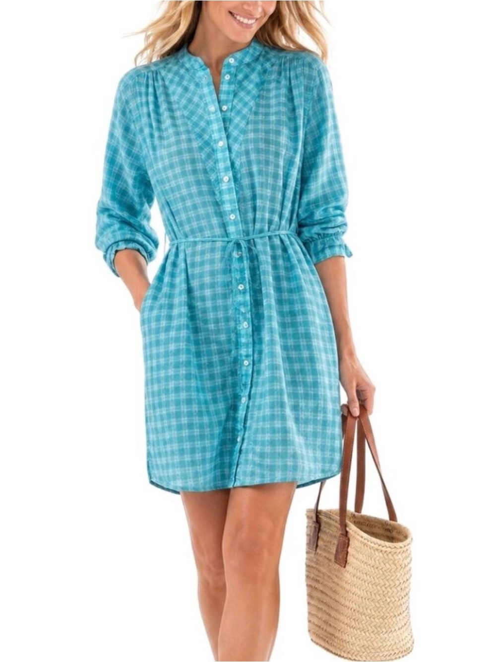 Xirena Winnie Plaid Cotton Shirtdress Mini Dress Blue Turquoise Small S Belted